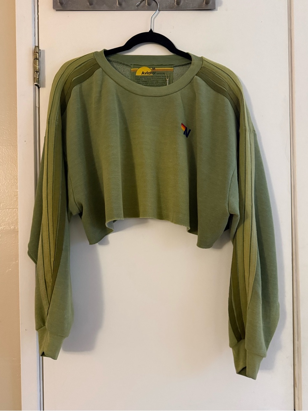 Aviator Nation Green 5 Stripe Cropped Boyfriend Sweatshirt